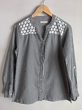 Linda Anderson Gingham Lace Blouse Black White Cotton Button Front M